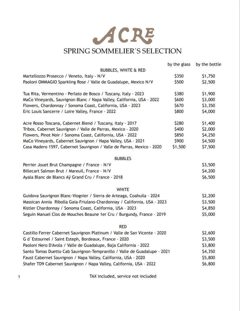 Acre spring wine list
