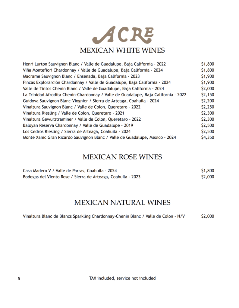 Acre spring wine list