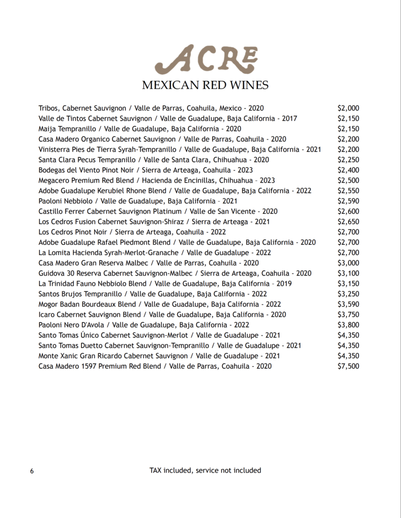 Acre spring wine list