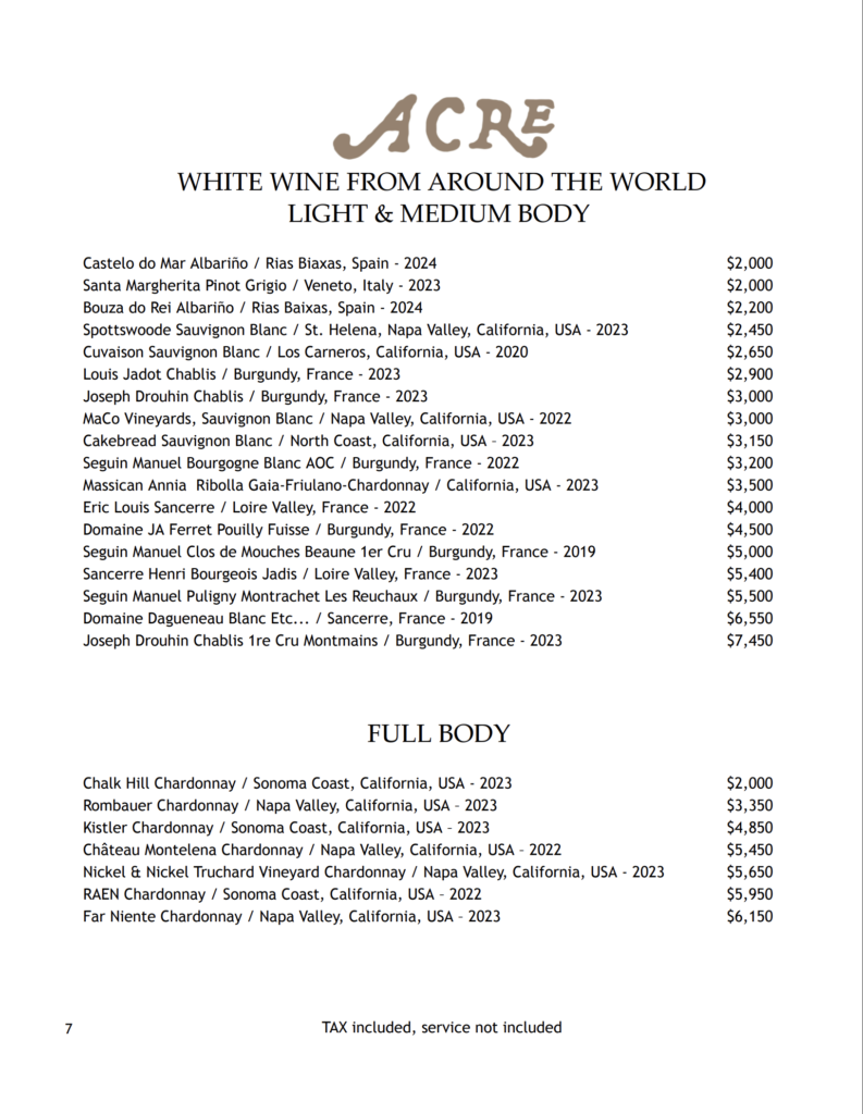 Acre spring wine list