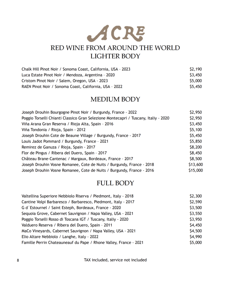 Acre spring wine list