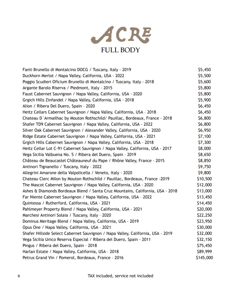 Acre spring wine list