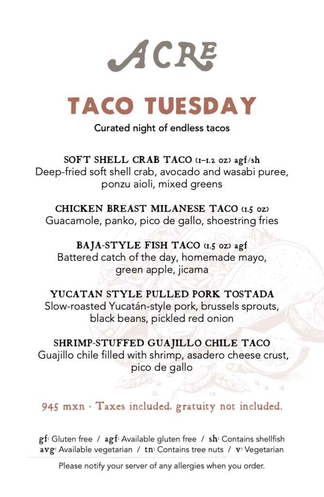 Acre taco tuesday menu 2026 eng