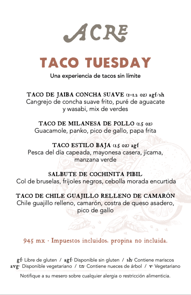 Acre taco tuesday menu 2026 esp