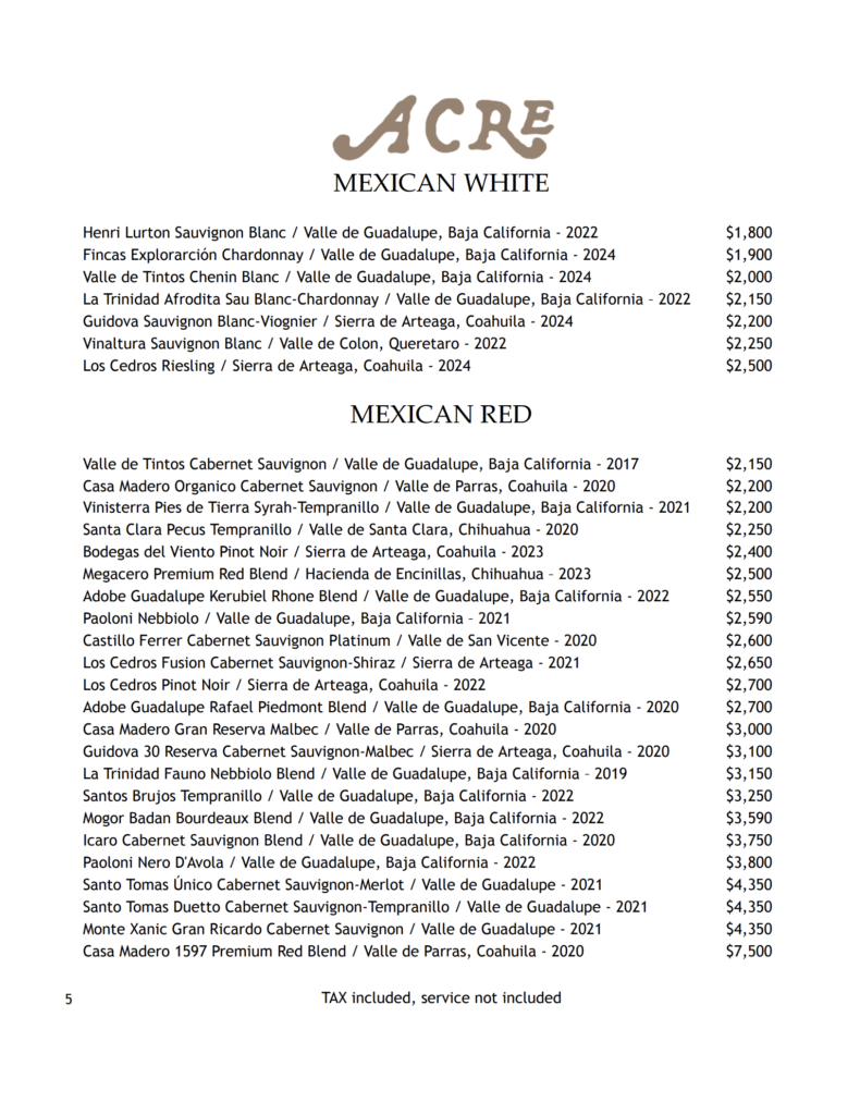 Acre wine list may2026