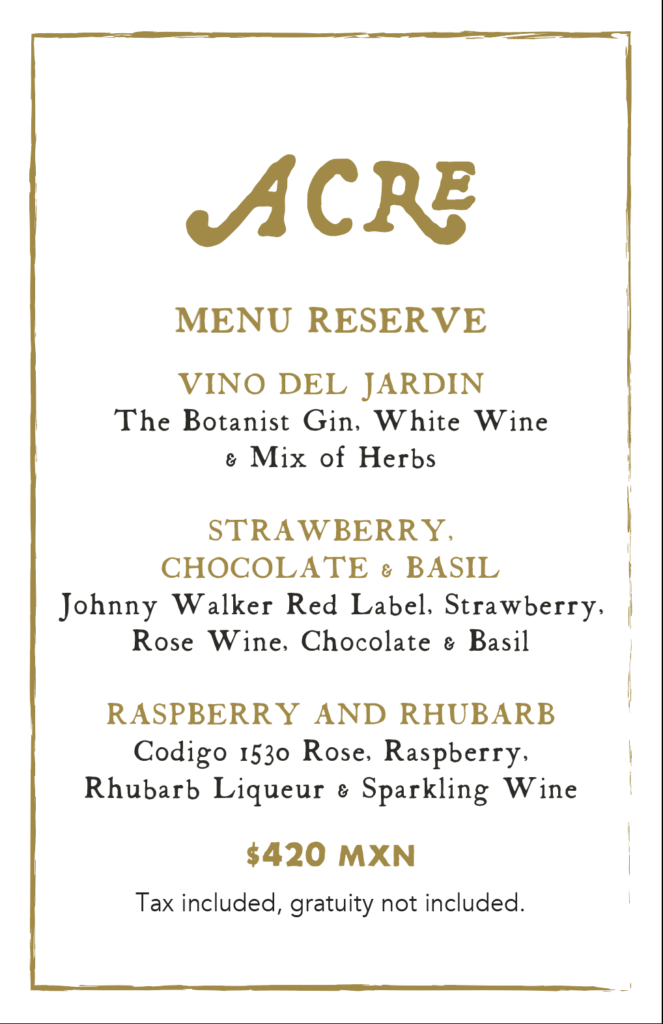 Acre cocktails menu reserve aug2026 eng