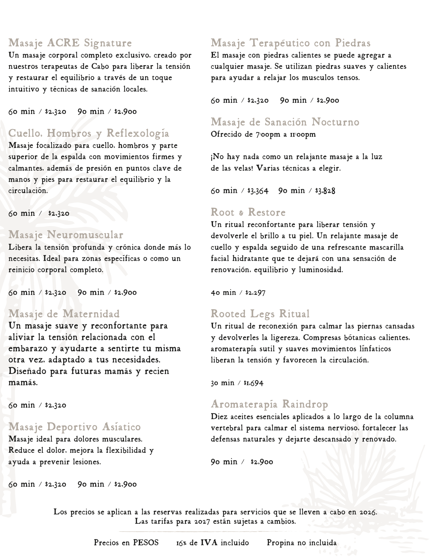 Acre Spa Menu 2026 ESP 02