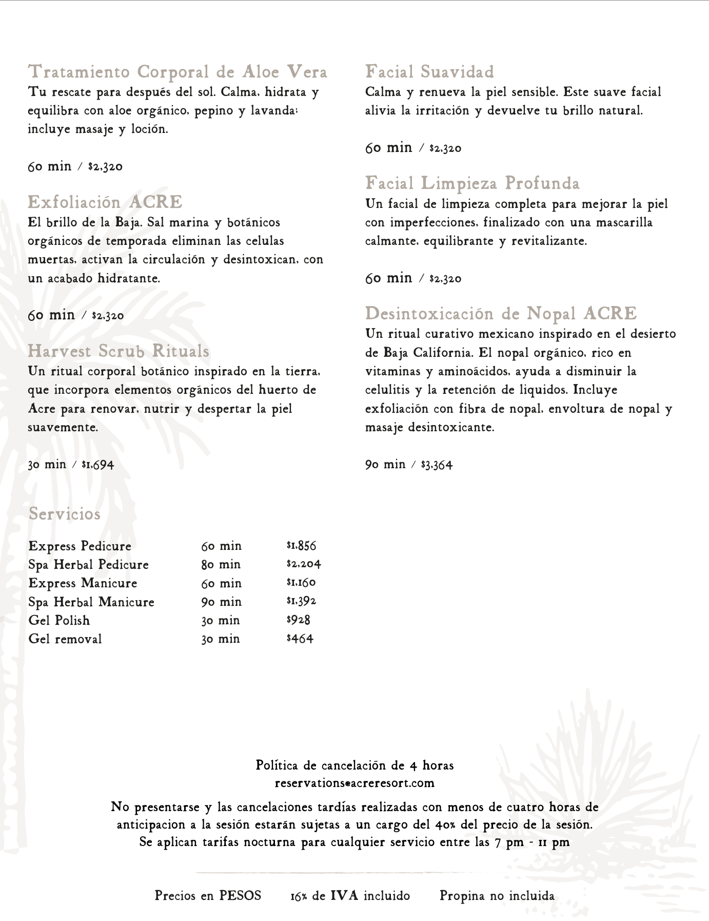 Acre Spa Menu 2026 ESP 03