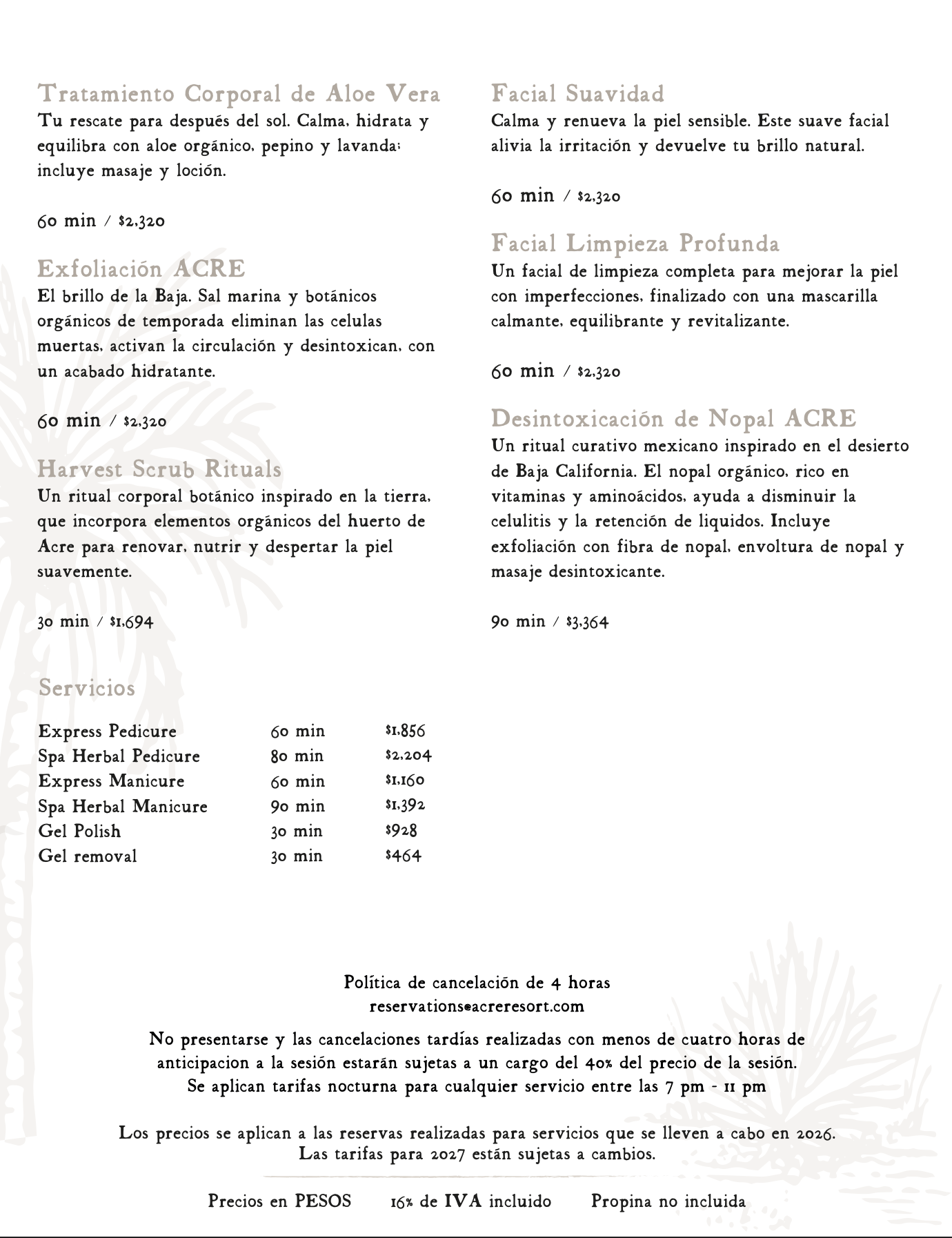 Acre Spa Menu 2026 ESP 03